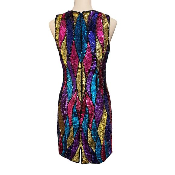 Vintage 1980s Sean Silk Sequined Cocktail Party Dress Size Small Pink Gold Blue - Picture 2 of 12